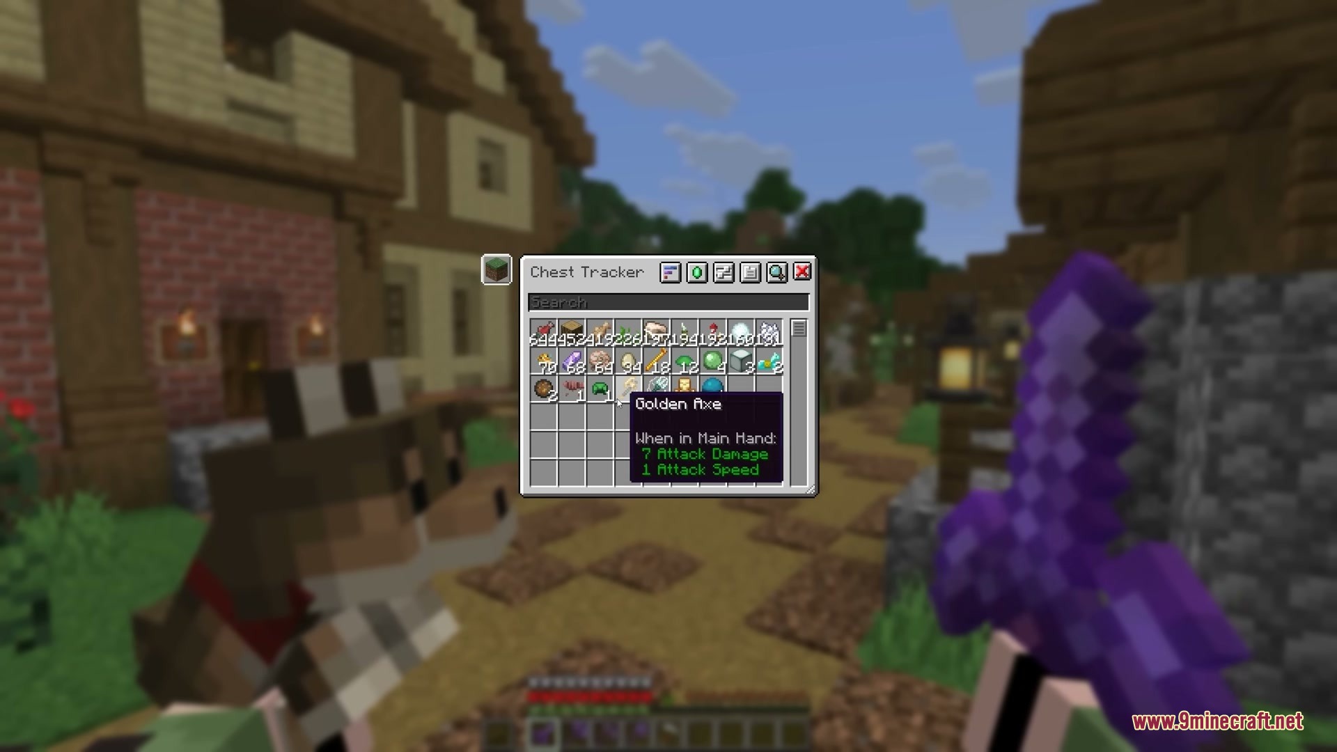 Player views a golden axe tooltip within the chest tracker mod menu