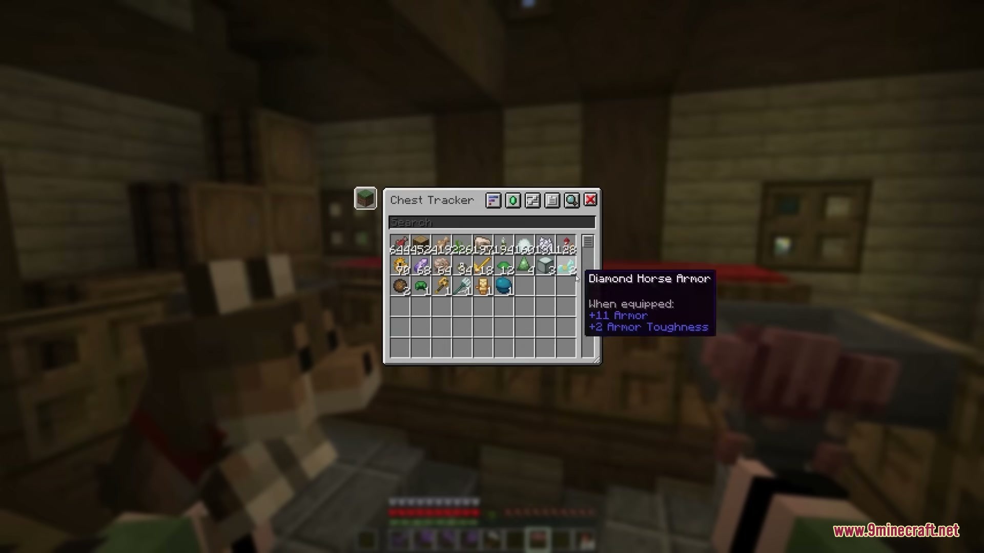 The chest tracker interface displays diamond horse armor stats inside a room