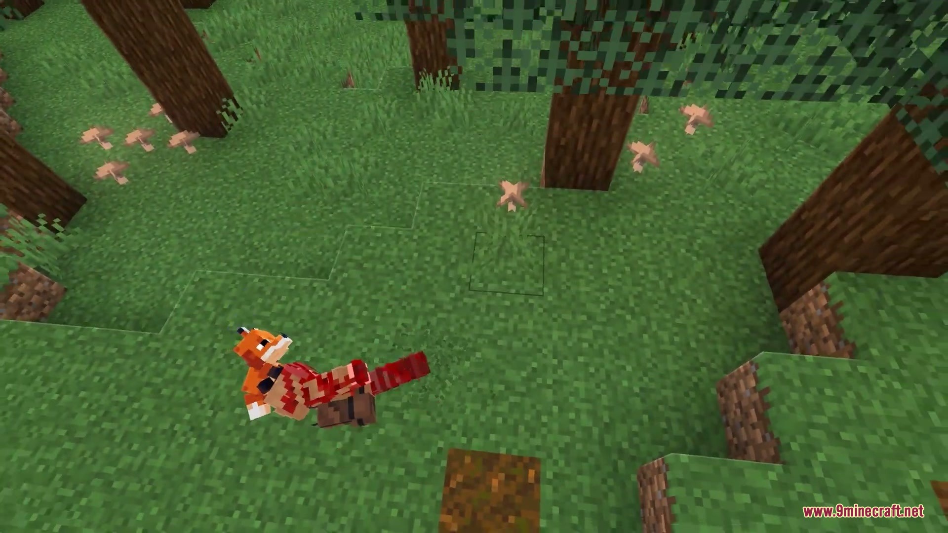 Fox lying on grass with red death particles in a forest