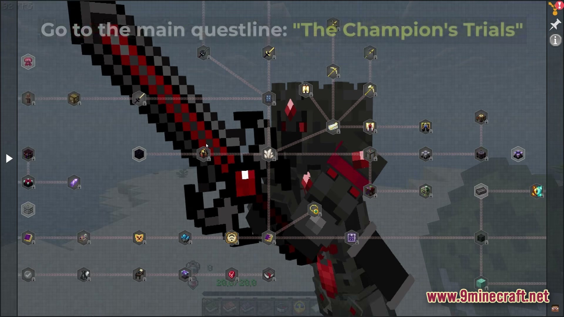 Cisco’s Fantasy Medieval Rpg Modpack (1.20.1) – Ultimate Medieval Fantasy Rpg Adventure 2 The champion's trials questline interface displays various progression nodes over a dark knight background