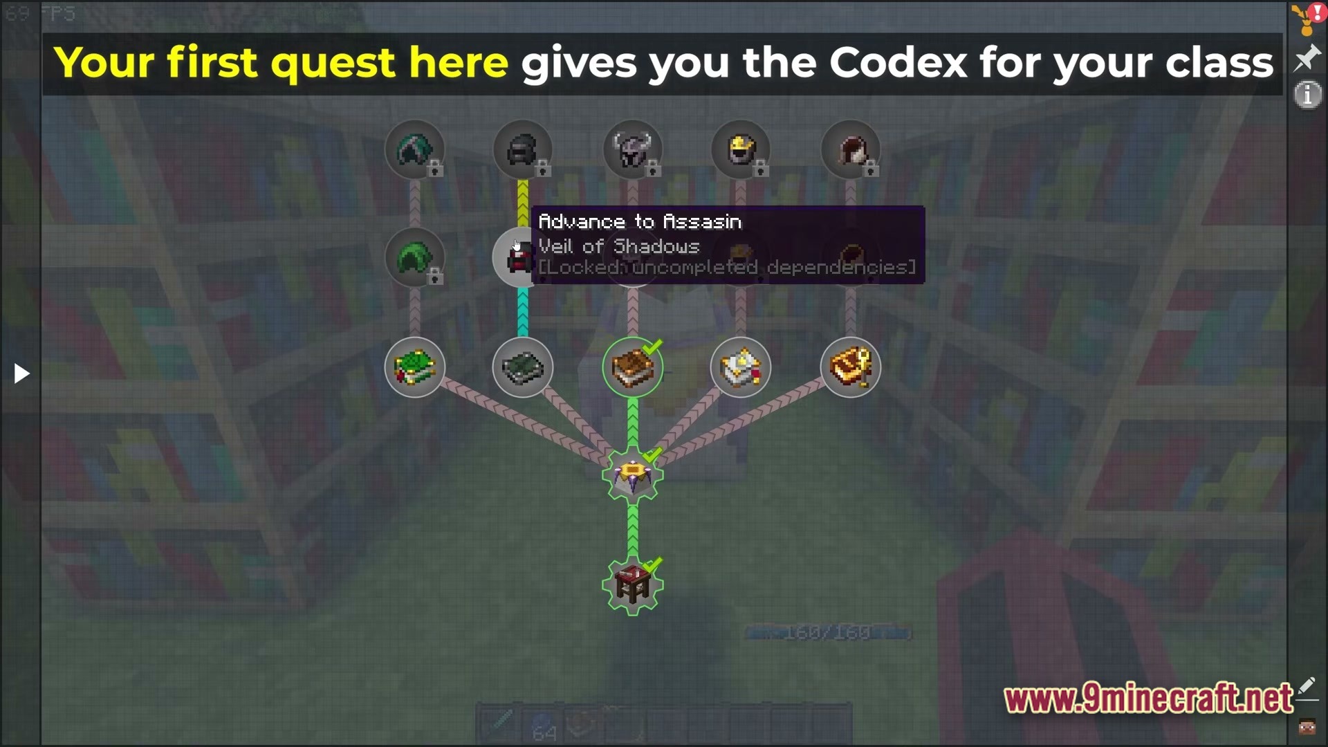 Cisco’s Fantasy Medieval Rpg Modpack (1.20.1) – Ultimate Medieval Fantasy Rpg Adventure 3 A quest book interface displaying a branching skill tree for character classes and codex items