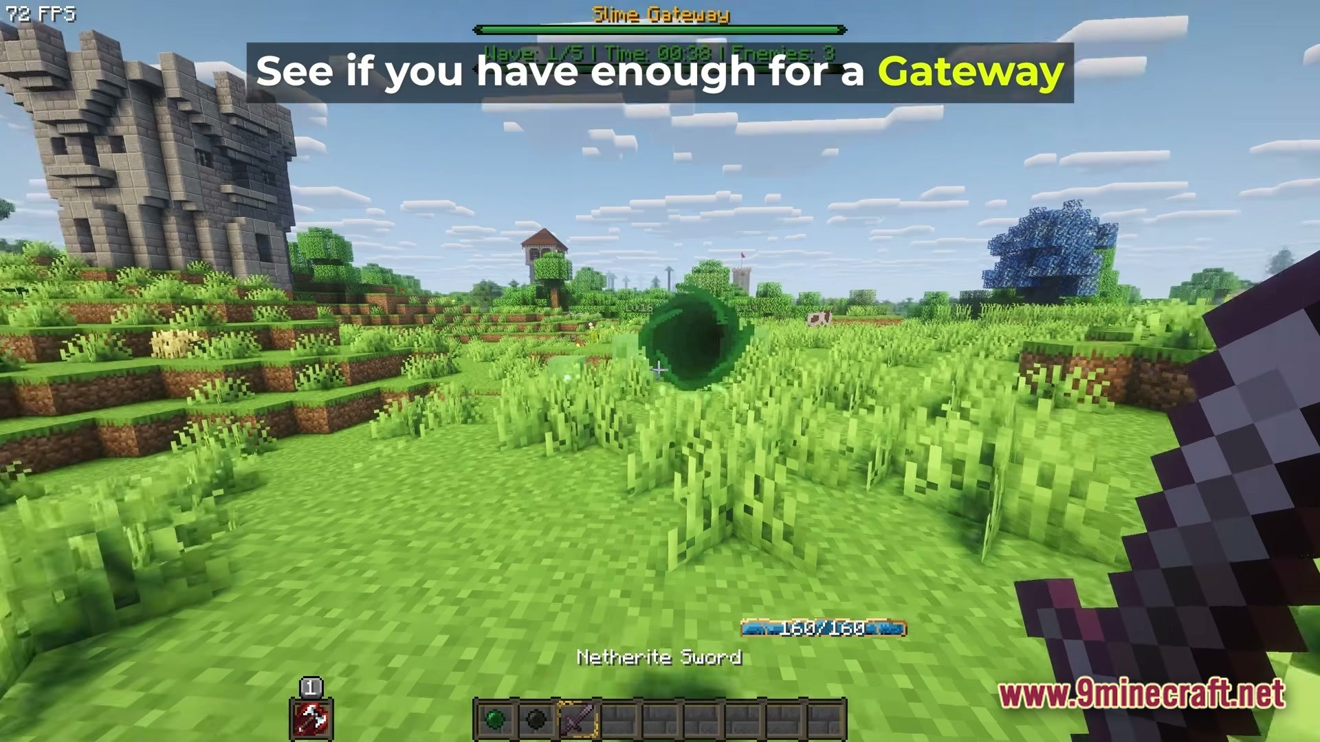 Cisco’s Fantasy Medieval Rpg Modpack (1.20.1) – Ultimate Medieval Fantasy Rpg Adventure 4 A player holding a netherite sword faces a green slime gateway in a grassy plains biome