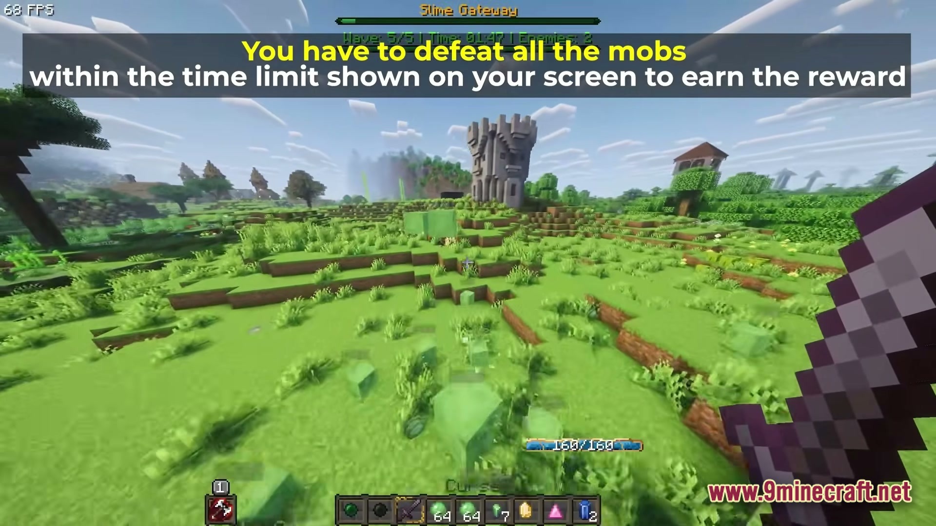 Cisco’s Fantasy Medieval Rpg Modpack (1.20.1) – Ultimate Medieval Fantasy Rpg Adventure 6 A player battles slimes during a timed slime gateway event in a grassy plains biome