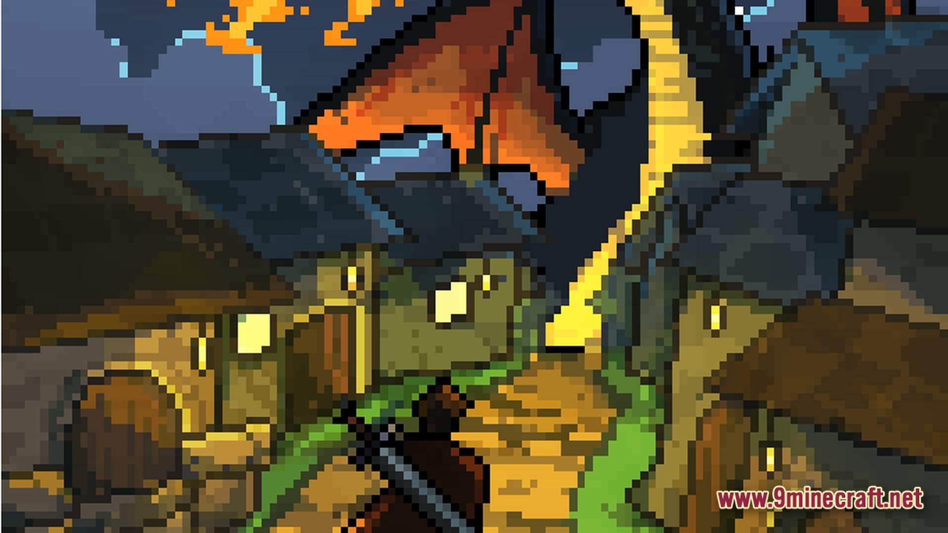 Cisco’s Fantasy Medieval Rpg Modpack (1.20.1) – Ultimate Medieval Fantasy Rpg Adventure 8 Pixel art depicting a medieval village at night with a dragon flying over the stone buildings