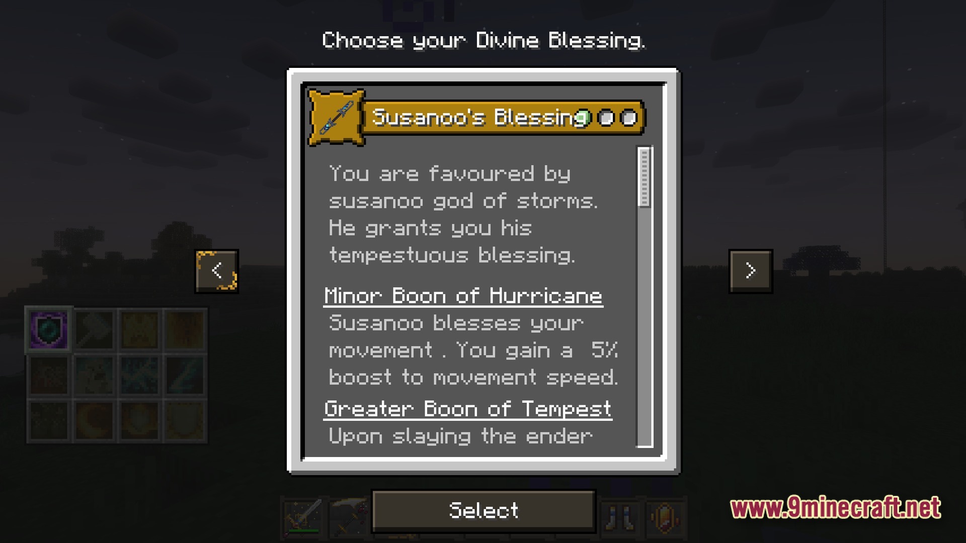 Cisco’s Fantasy Medieval Rpg Modpack (1.20.1) – Ultimate Medieval Fantasy Rpg Adventure 9 A user interface menu for selecting a divine blessing from susanoo, the god of storms