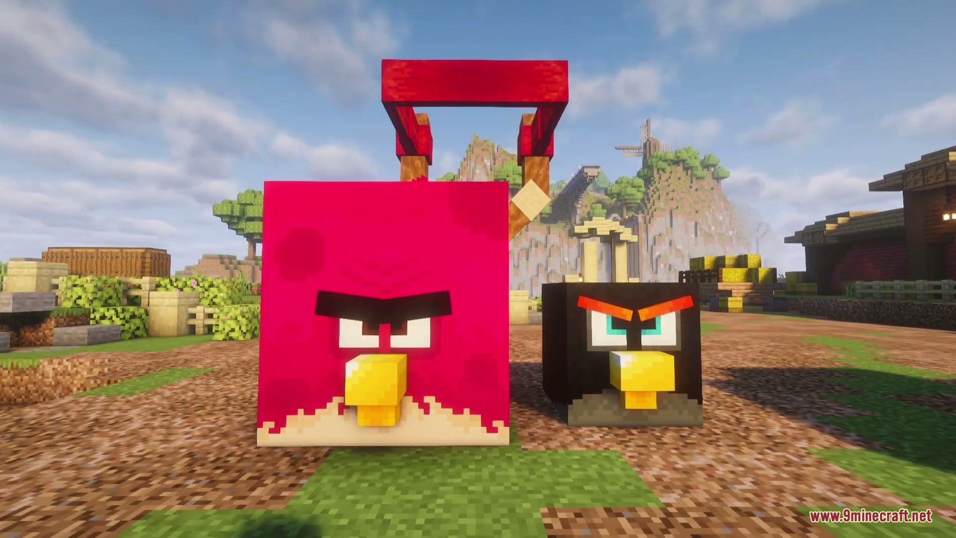 Citrus Wings Mod (1.21.1) – Launch Powerful Birds To Demolish Custom Towers 2 Red and black bird characters standing on the ground near a slingshot