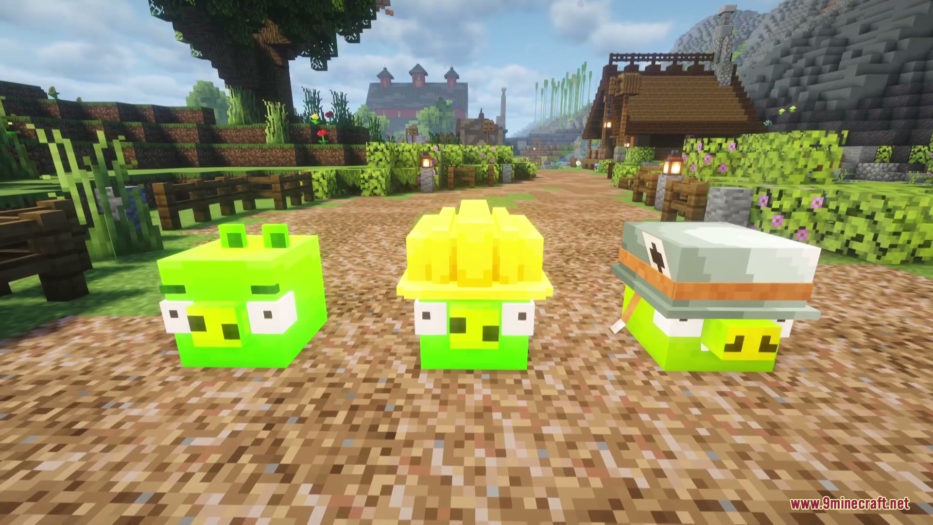 Citrus Wings Mod (1.21.1) – Launch Powerful Birds To Demolish Custom Towers 9 Three green pigs wearing different hats standing on a dirt path