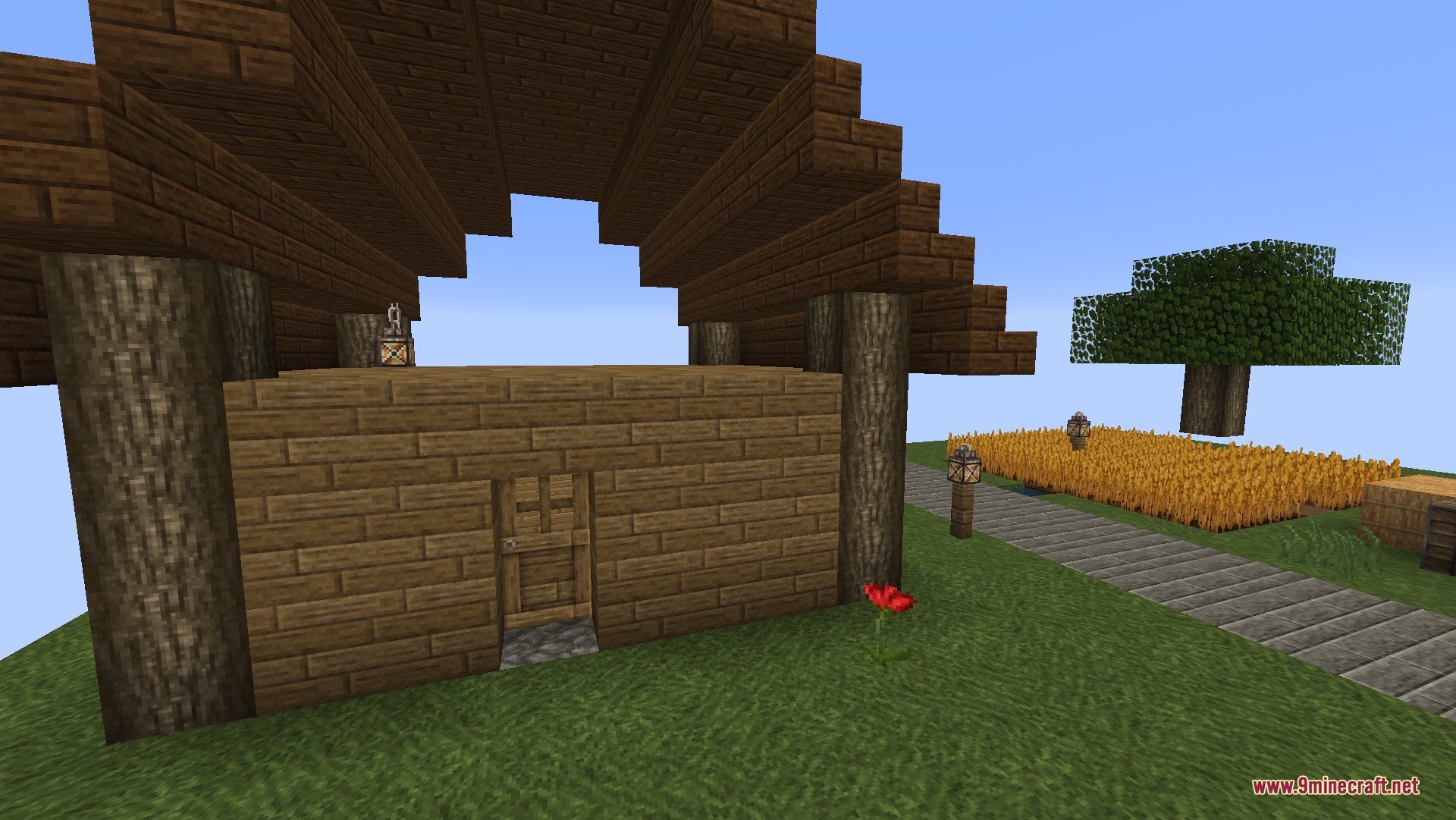 Clarity 9Minecraft Resource Pack (26.2) – Crisp And Clear Look For Vanilla Worlds 2 A simple wooden house with log pillars and a red flower out front