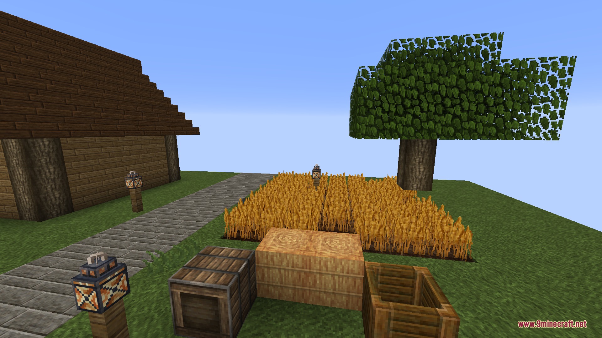 Clarity 9Minecraft Resource Pack (26.2) – Crisp And Clear Look For Vanilla Worlds 3 A golden wheat field next to a tree and wooden storage blocks
