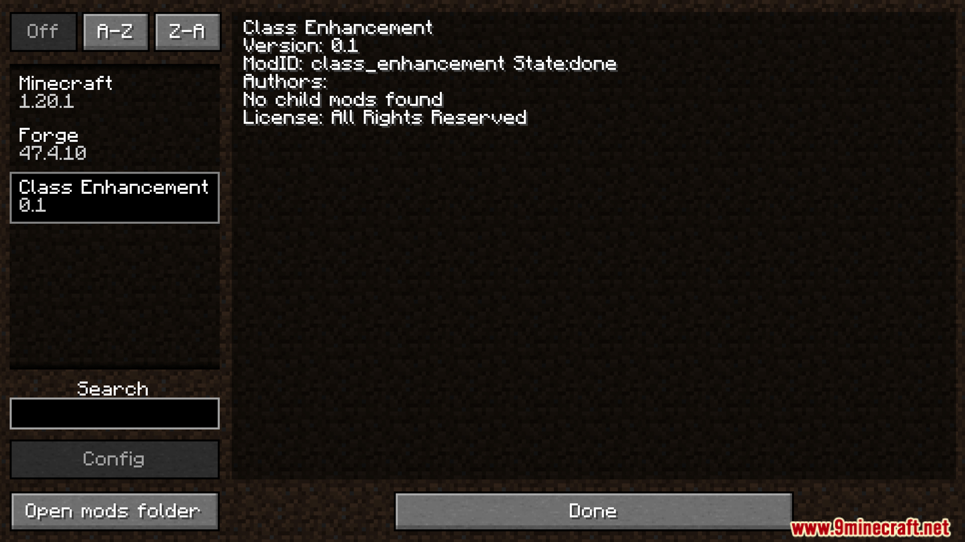 Class enhancement mod information in the mods menu