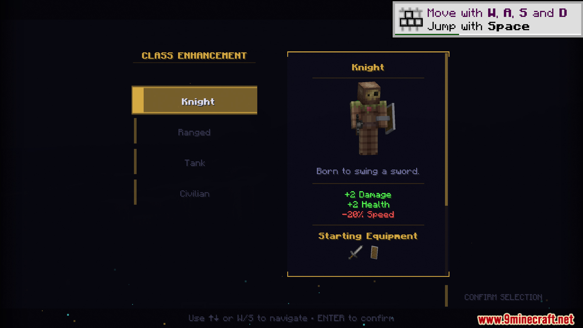 Choosing the knight class in the selection menu