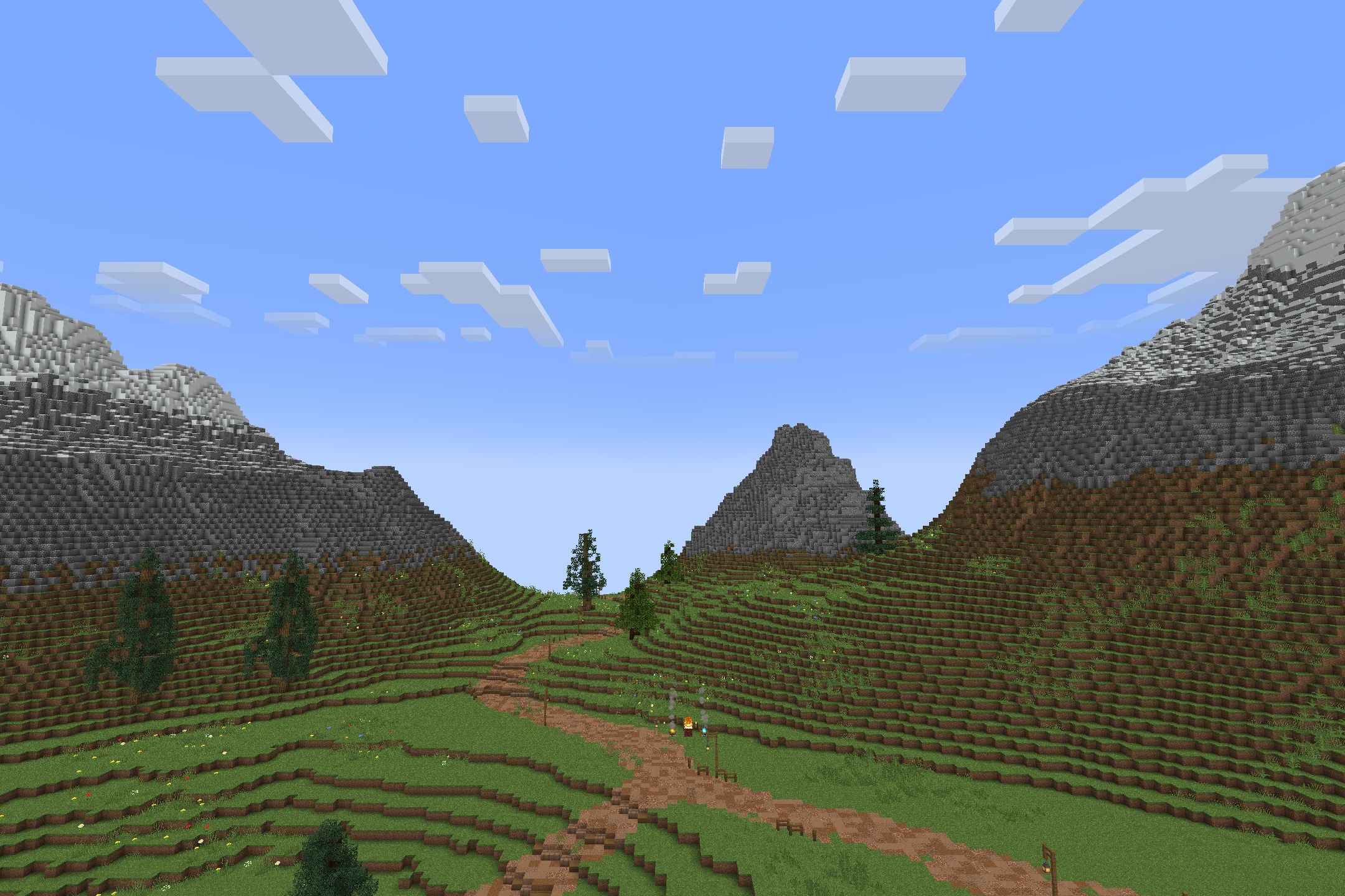 Classic Faithful 64X Jappa Resource Pack (26.2, 26.1.2) 11 A dirt path winds through a lush green valley with high resolution mountain textures