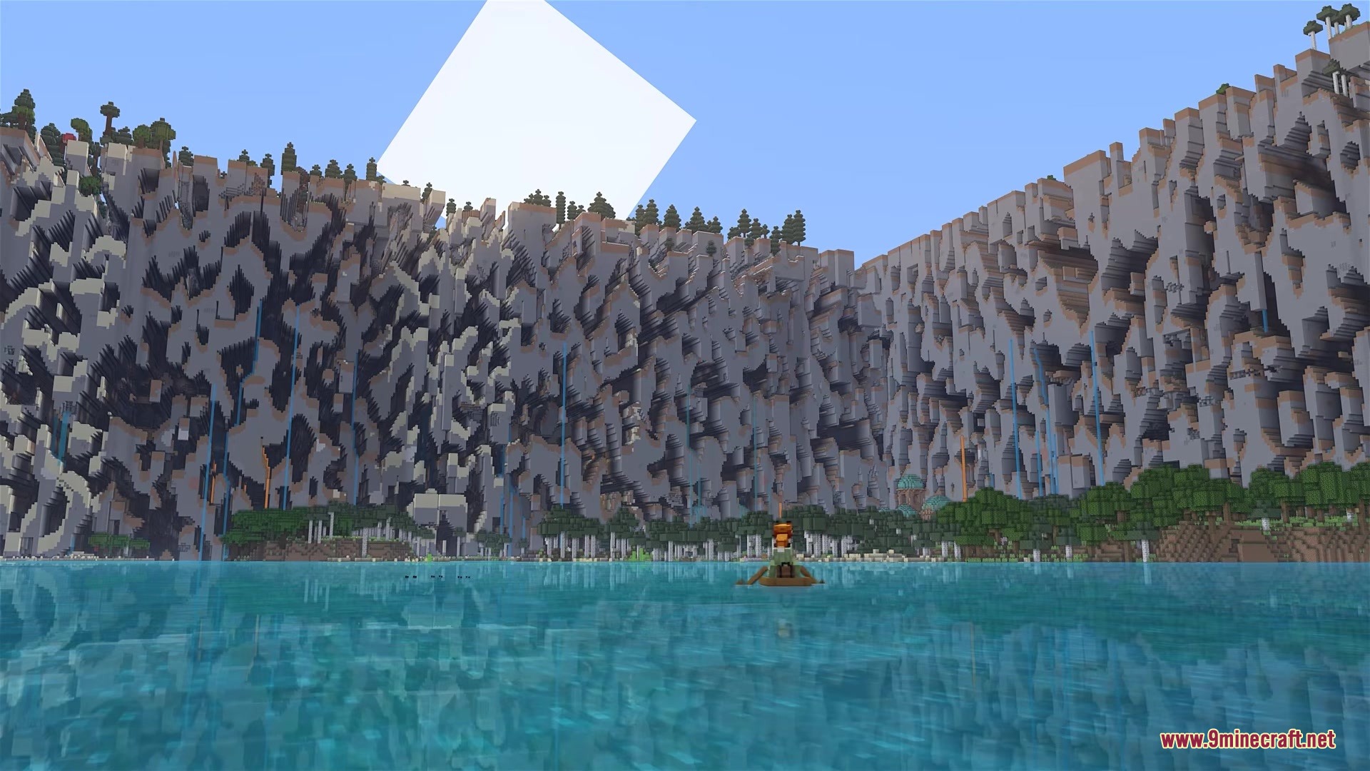 A player in a boat looking at the towering walls of broken blocks