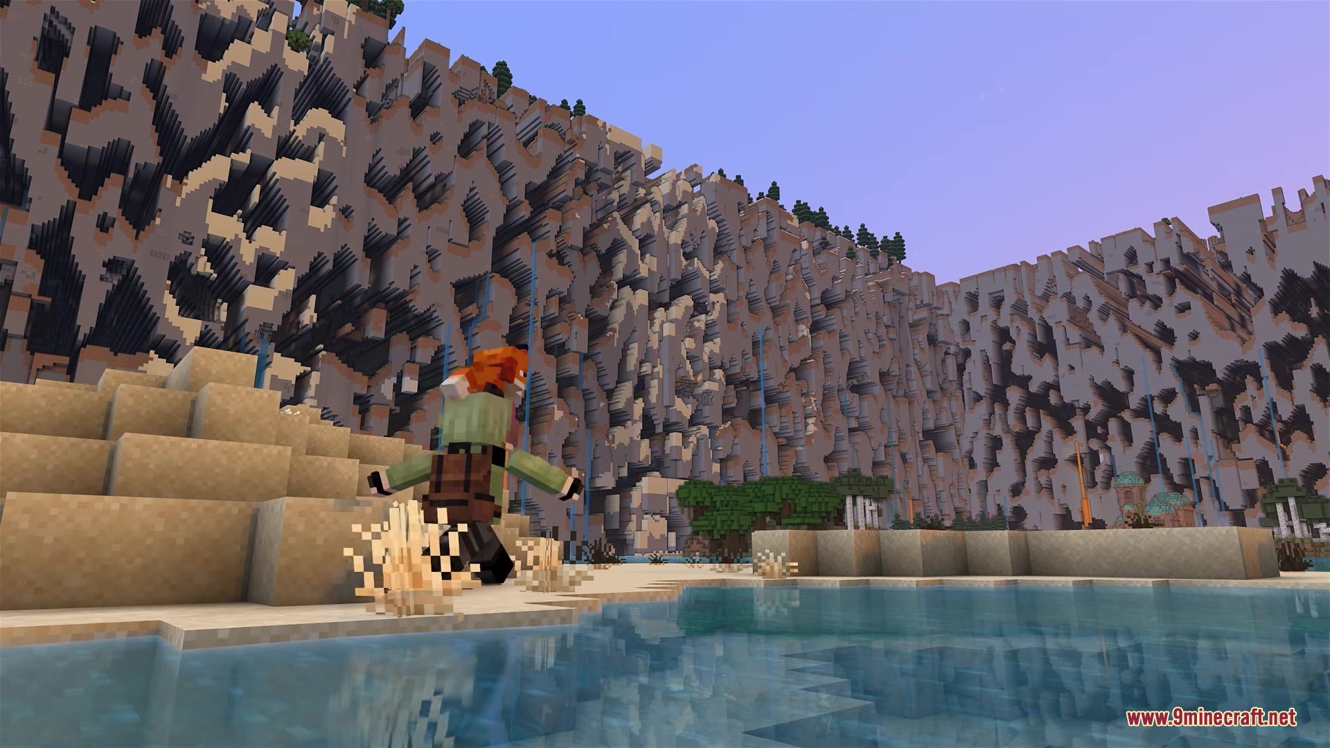 A player character stands near water looking at the massive farlands wall