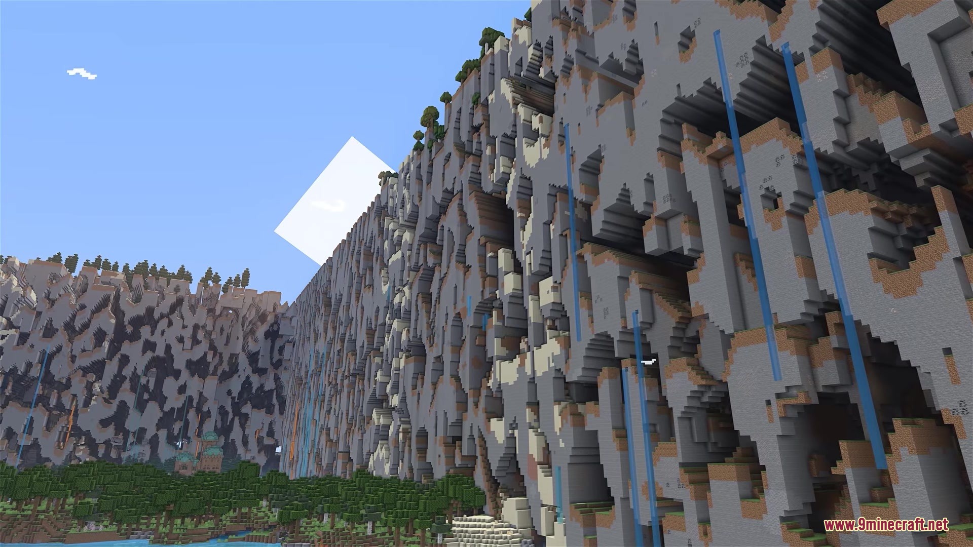 Massive walls of broken terrain blocks towering over a forest in minecraft