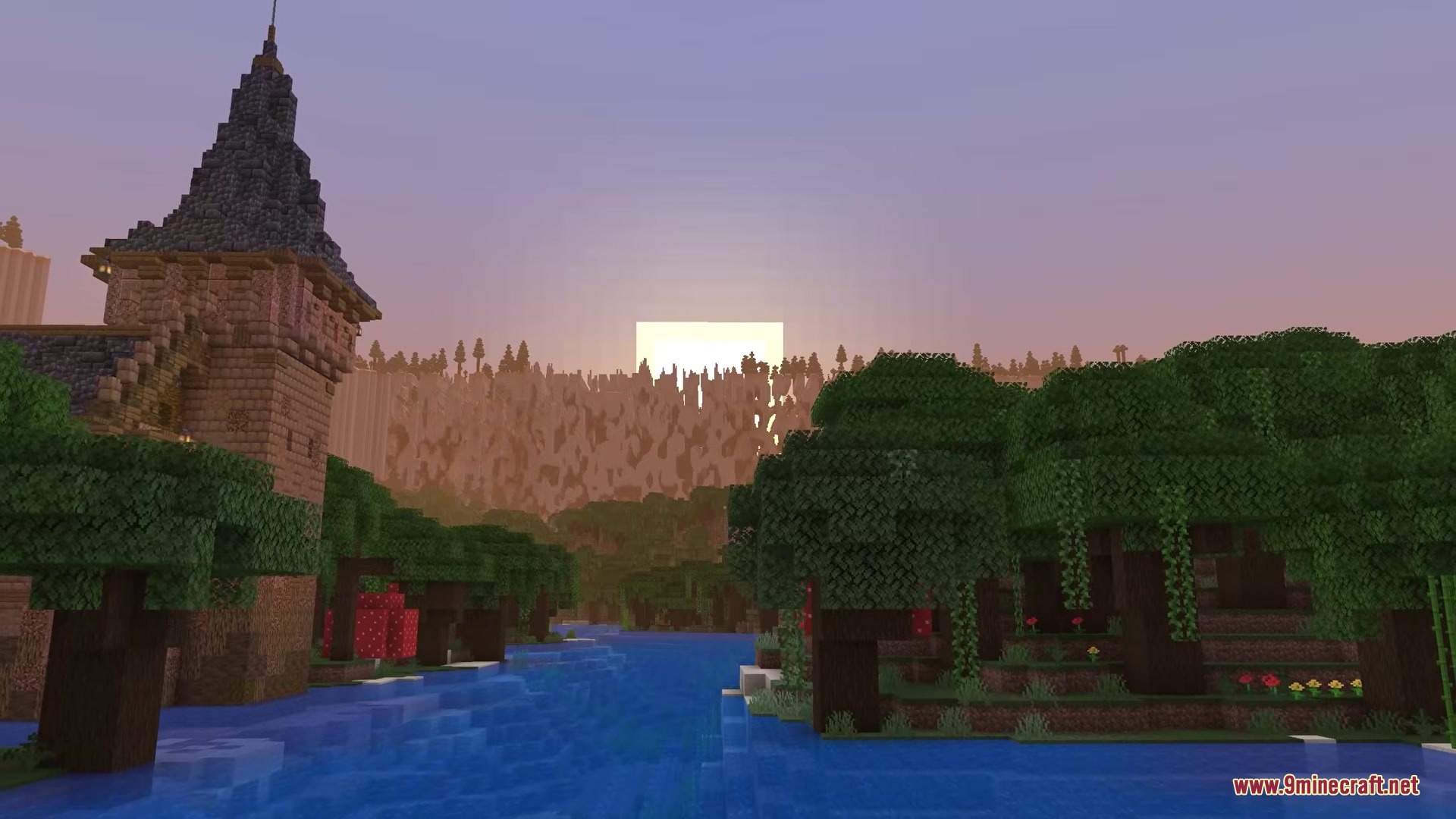 A stone tower stands near a river with classic farlands terrain generation