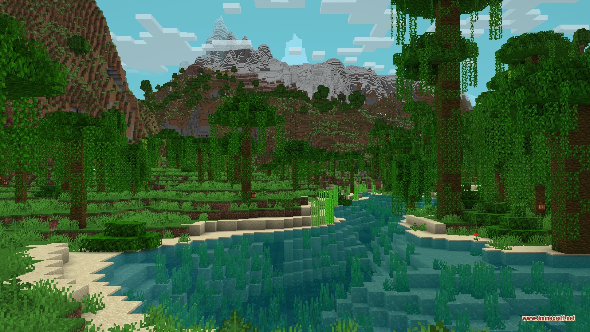 Cliff Under A Tree Cliff Tree Data Pack (26.1.2, 1.20.1) 5 Lush jungle landscape with a clear river and snowy mountain peaks