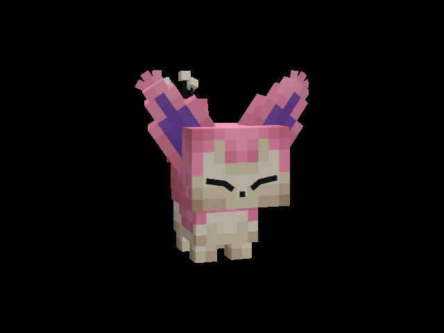 A blocky pink skitty creature with large ears and closed eyes standing still