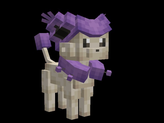 A purple and cream delcatty creature standing against a solid black background