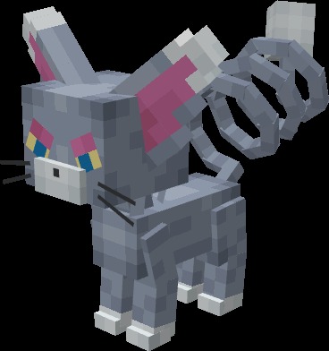 A blocky grey glameow cat with pink ears and a spring tail