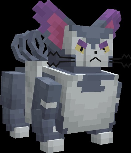 A large blocky grey and white purugly cat with purple ears and whiskers
