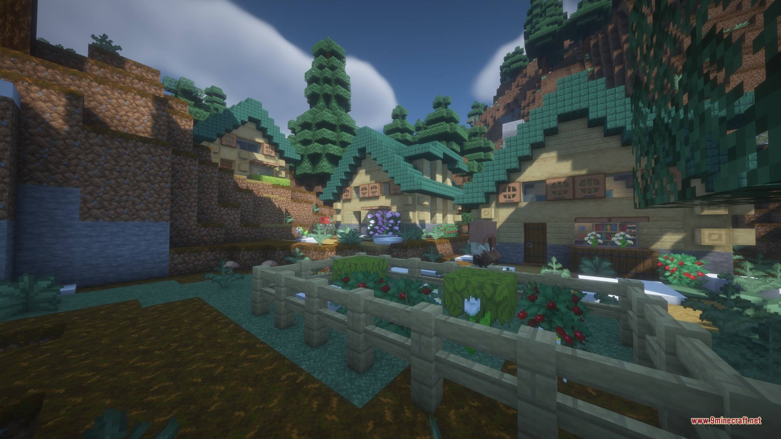 A peaceful minecraft village with green roofs and a small flower garden