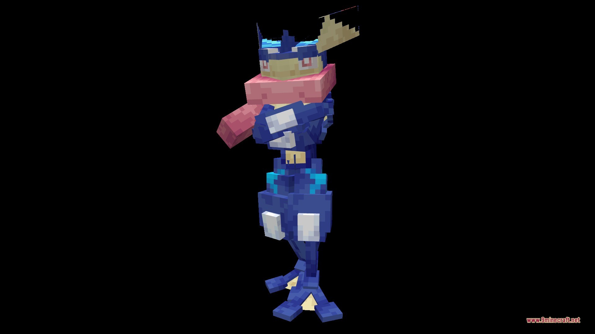 Cobblemon Animated Pokemon Data Pack (1.21.1, 1.20.1) 2 A blocky greninja model for cobblemon stands in a neutral idle pose