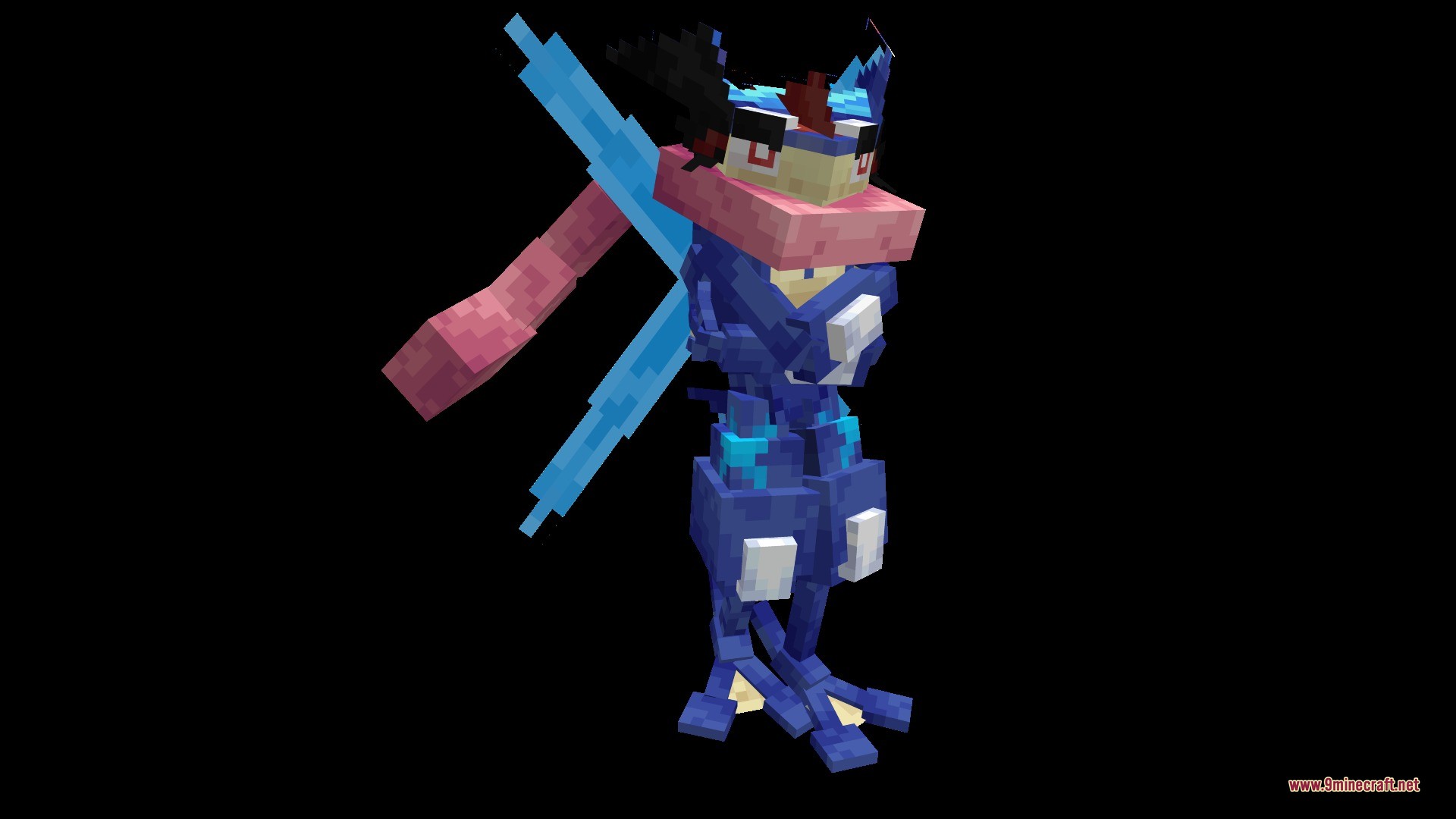 Cobblemon Animated Pokemon Data Pack (1.21.1, 1.20.1) 3 Ash greninja model with a large blue water shuriken on its back