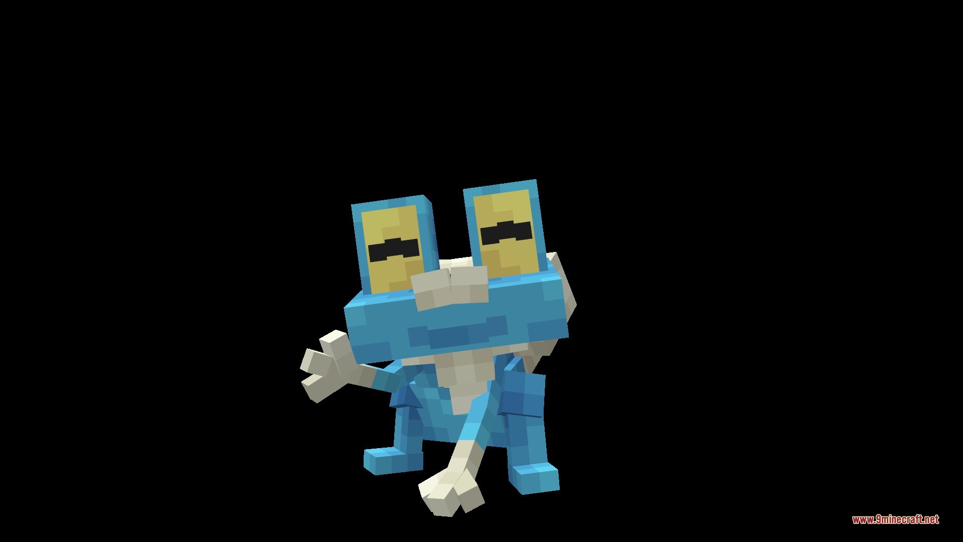 Cobblemon Animated Pokemon Data Pack (1.21.1, 1.20.1) 8 A blue blocky froakie pokemon waving its hand against a black background
