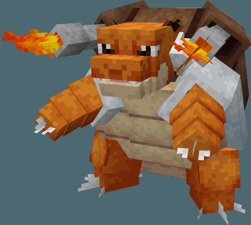 Cobblemon Fusiomon Data Pack (1.21.1) – Fuse Wild Monster Dna Into Rideable 2 Blazetoise fusion creature with orange skin and fire shooting from shoulder cannons