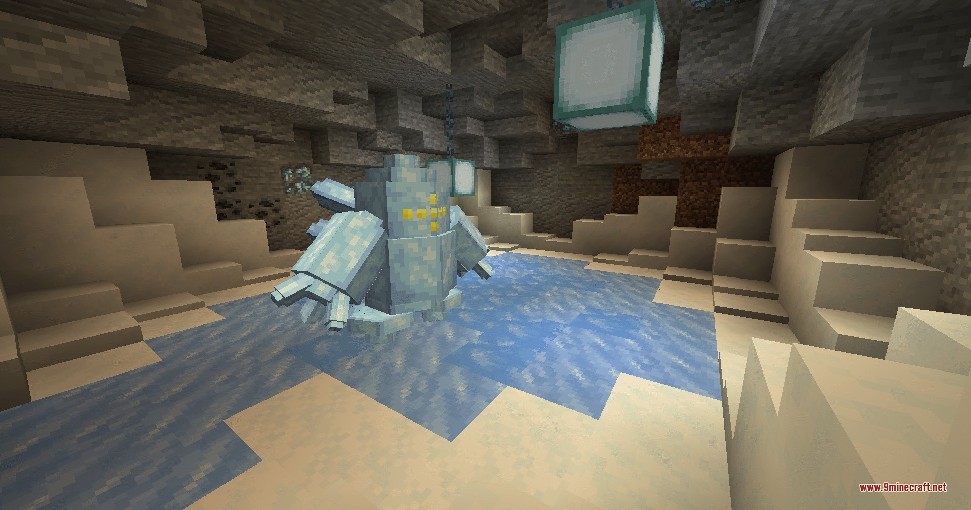 Regice stands inside a frozen cave with sea lanterns hanging above