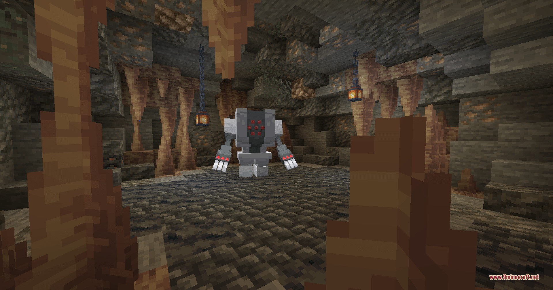 Registeel standing inside a dark cave filled with stalactites and hanging lanterns