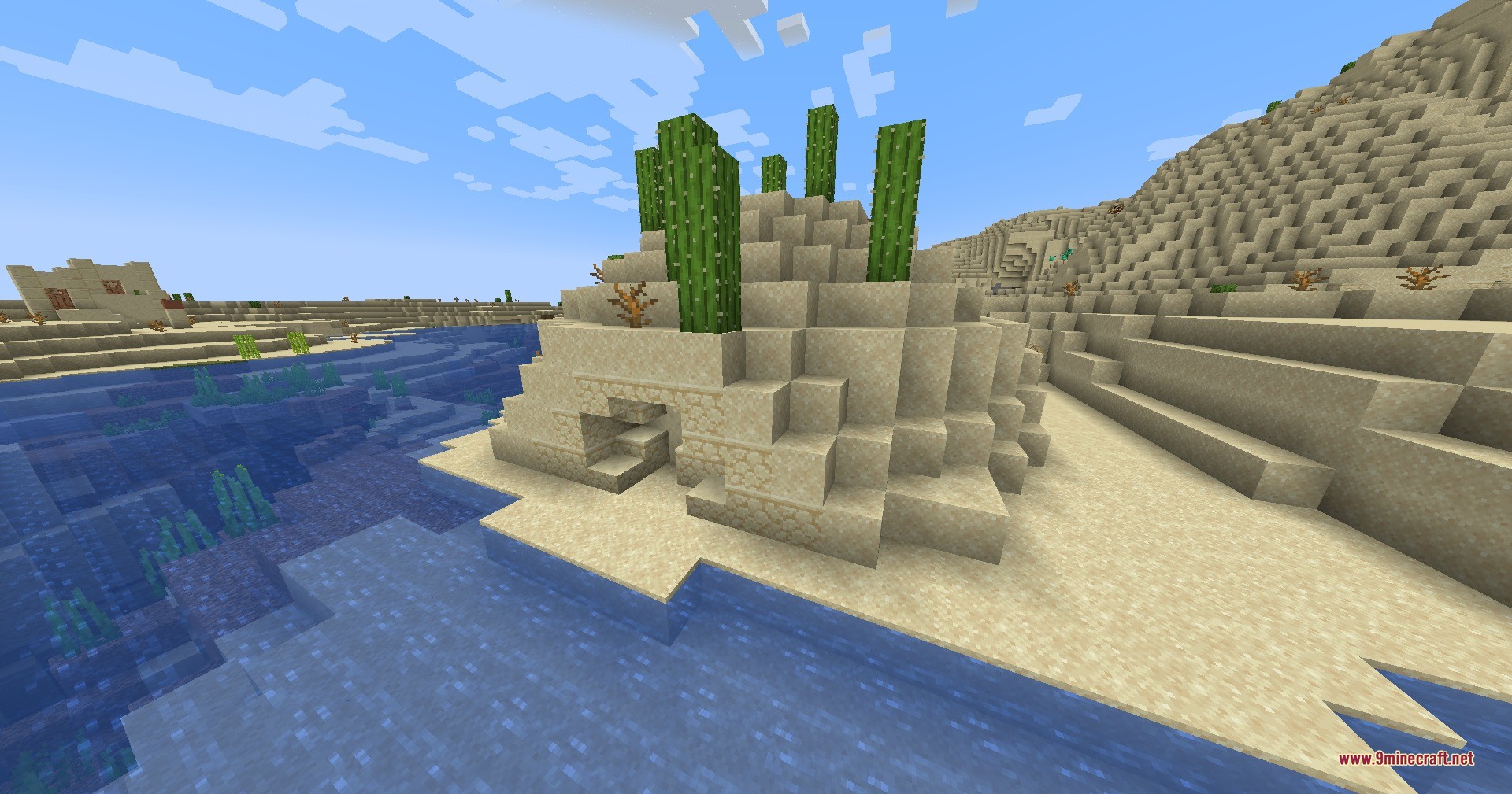 A sand mound structure with cacti located in a desert biome