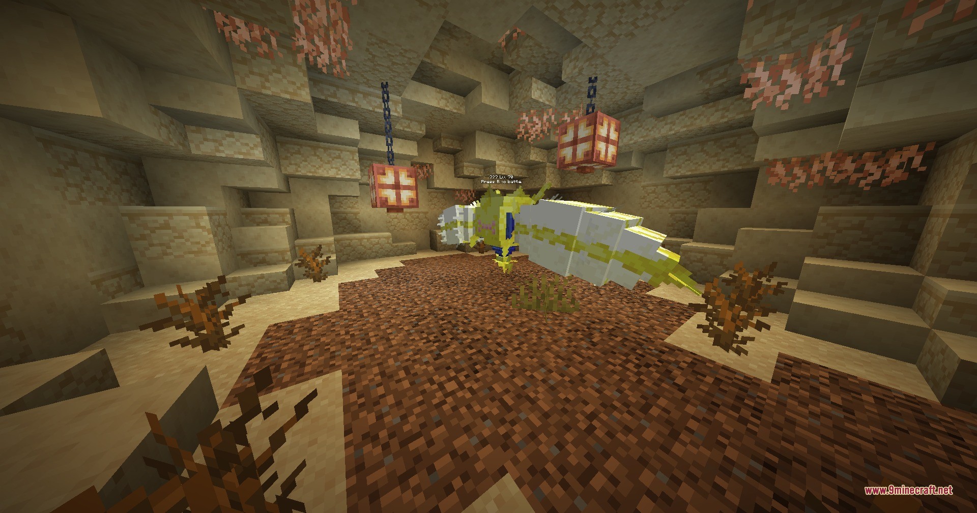 Regieleki floating inside a desert mound structure with hanging lanterns