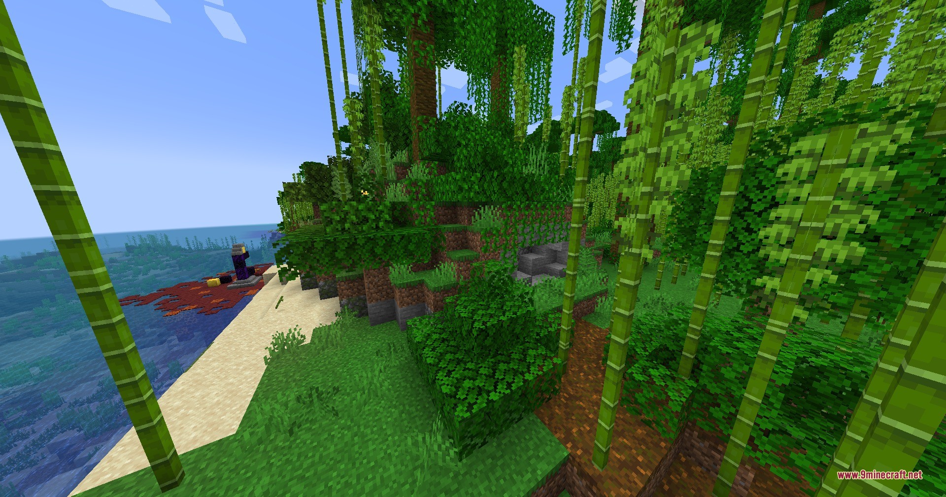Bamboo forest overlooking a sandy beach with a ruined portal in the distance
