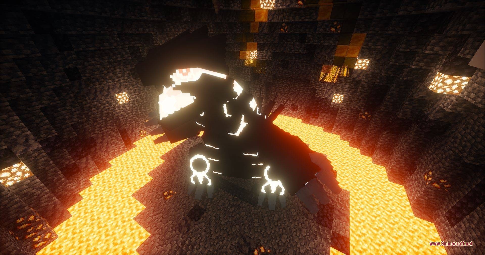 A black groudon stands in a cave surrounded by glowing lava pools