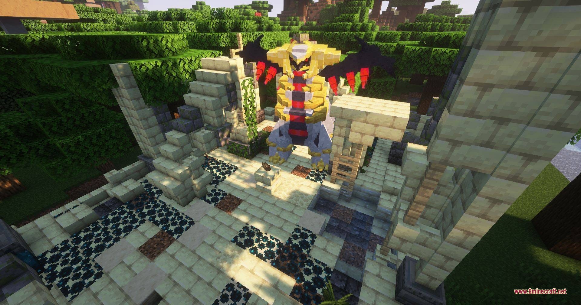 Giratina stands inside a ruined stone temple located in a lush forest