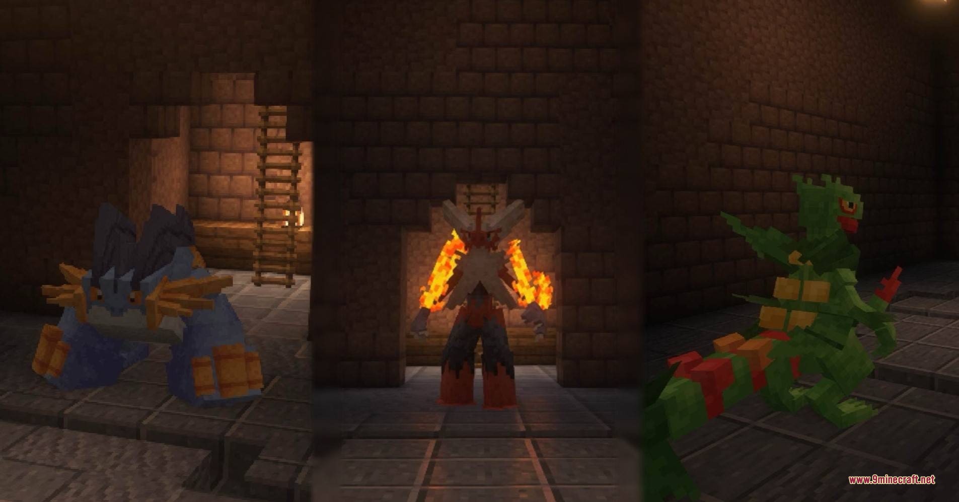 Mega swampert mega blaziken and mega sceptile standing in dark stone rooms