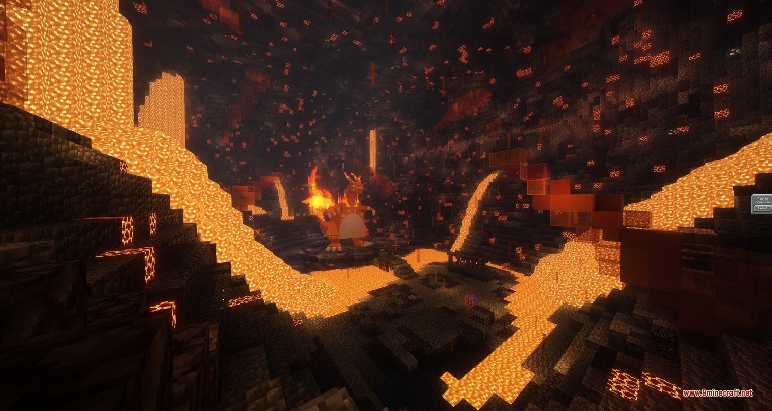 Cobblemon Raid Dens Addon Raid Den Designs Data Pack (1.21.11, 1.21.1) 6 Charizard stands in a massive volcanic cave with glowing lava waterfalls