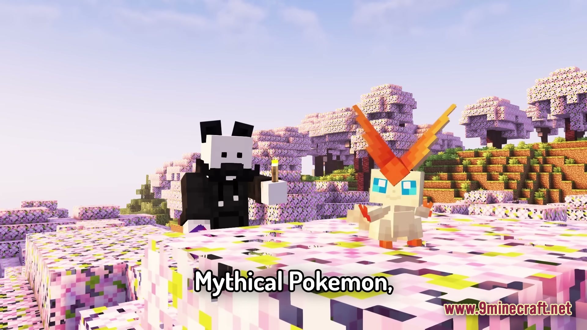 A player stands next to a victini in a cherry blossom grove biome