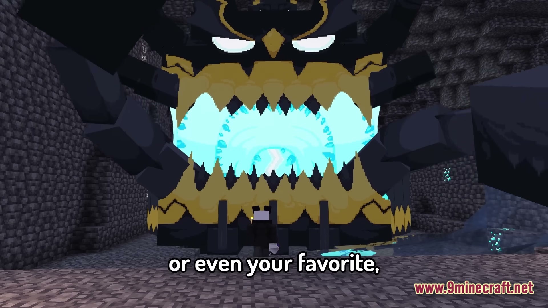 A player stands before a massive guzzlord pokémon inside a dark stone cavern