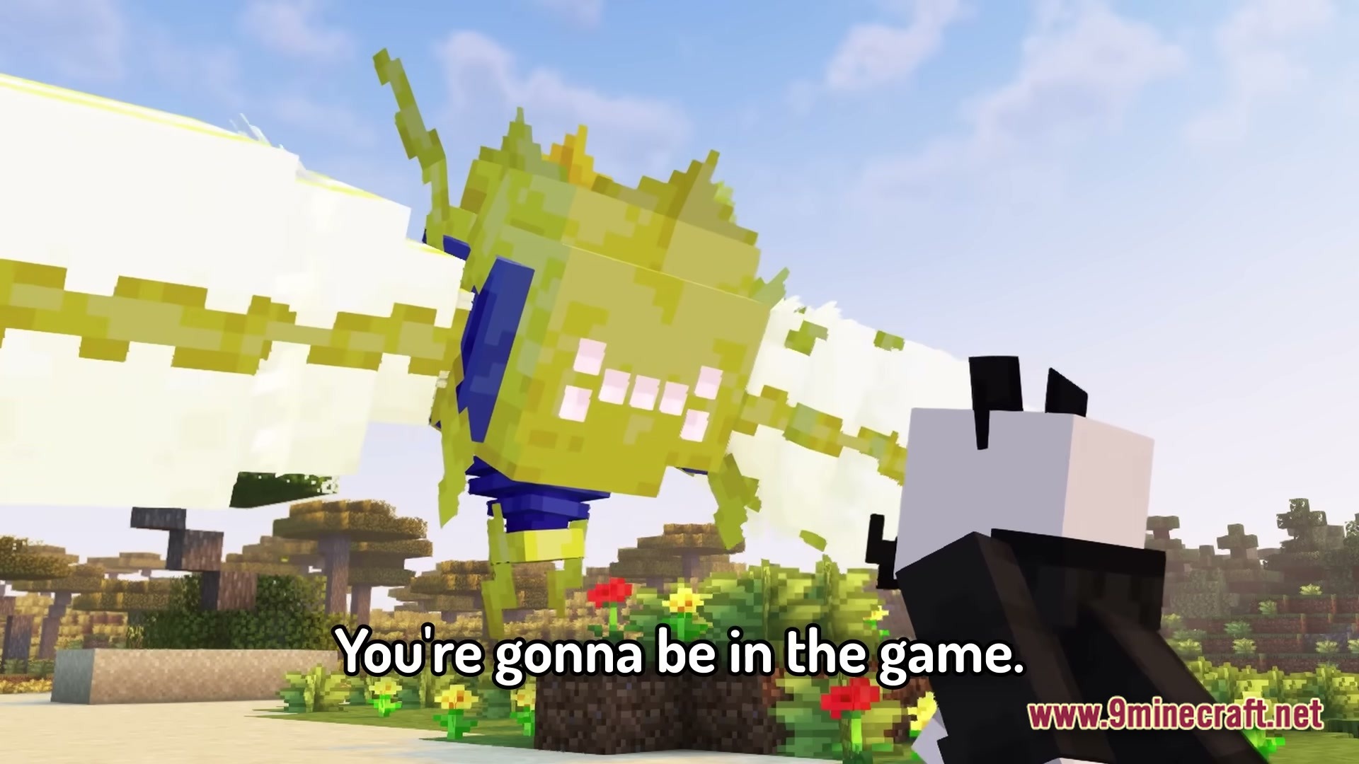 A player character looks at a large, blocky vikavolt model flying in a grassy minecraft biome