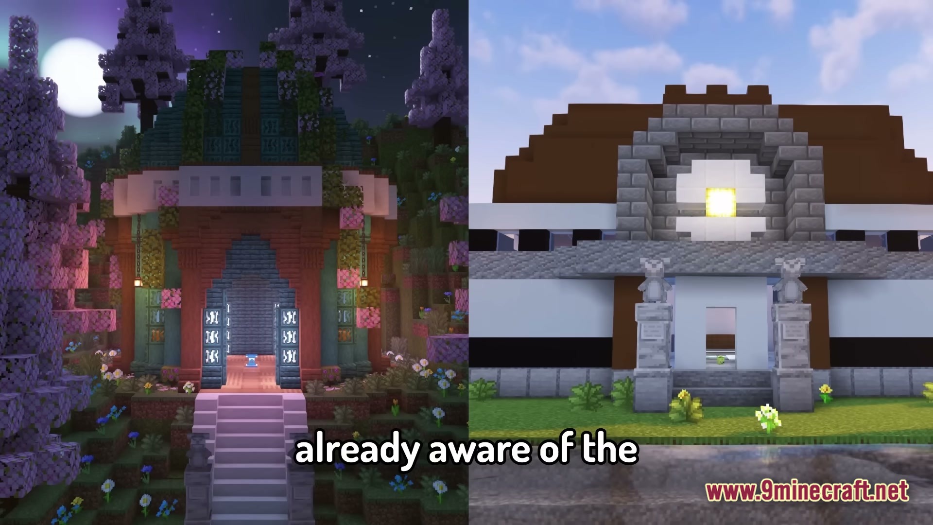 A side-by-side comparison of two different pokémon center architectural styles built within a minecraft world