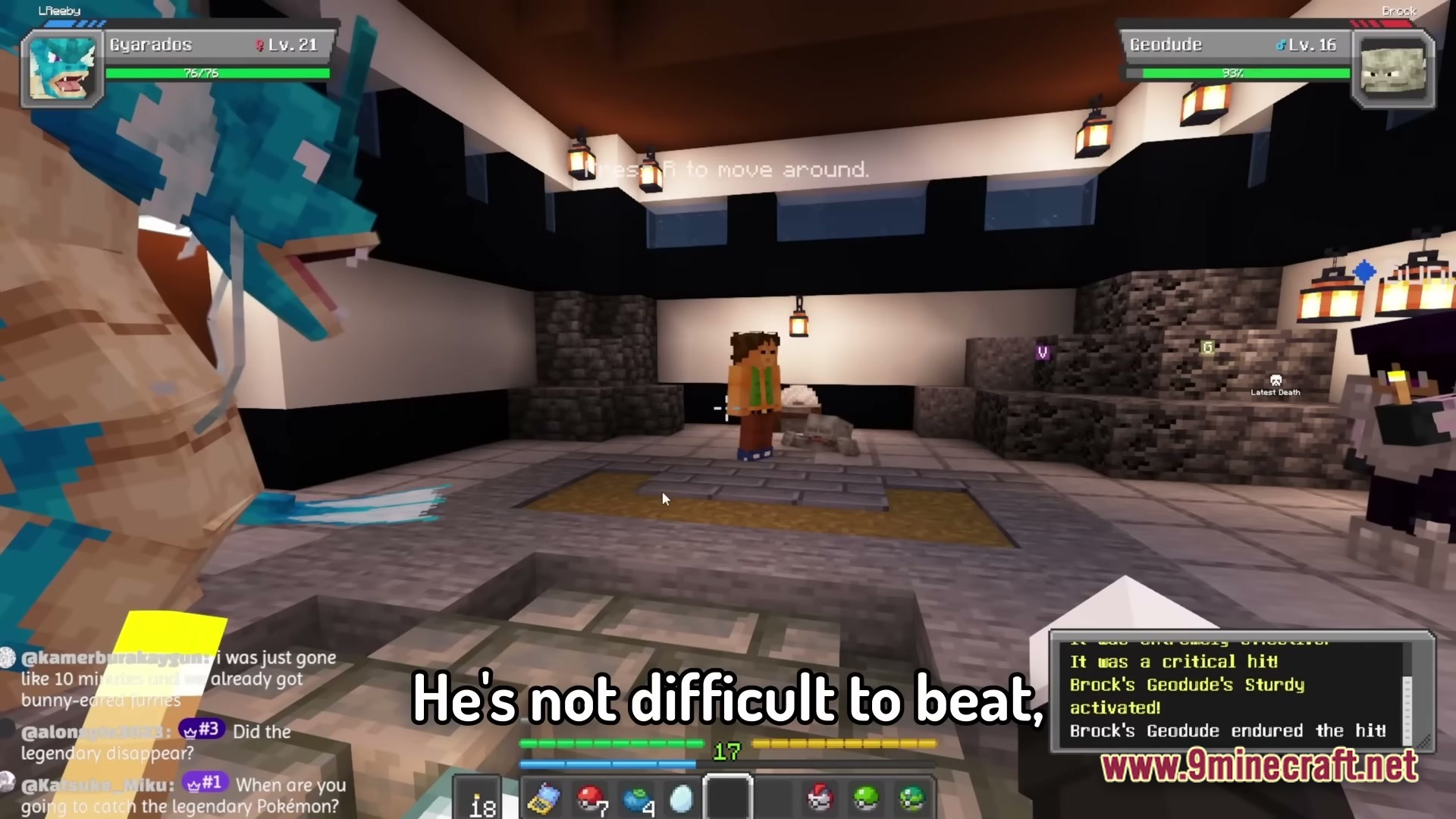 A gyarados battles brock's geodude inside a stone gym within the cobblemon minecraft mod