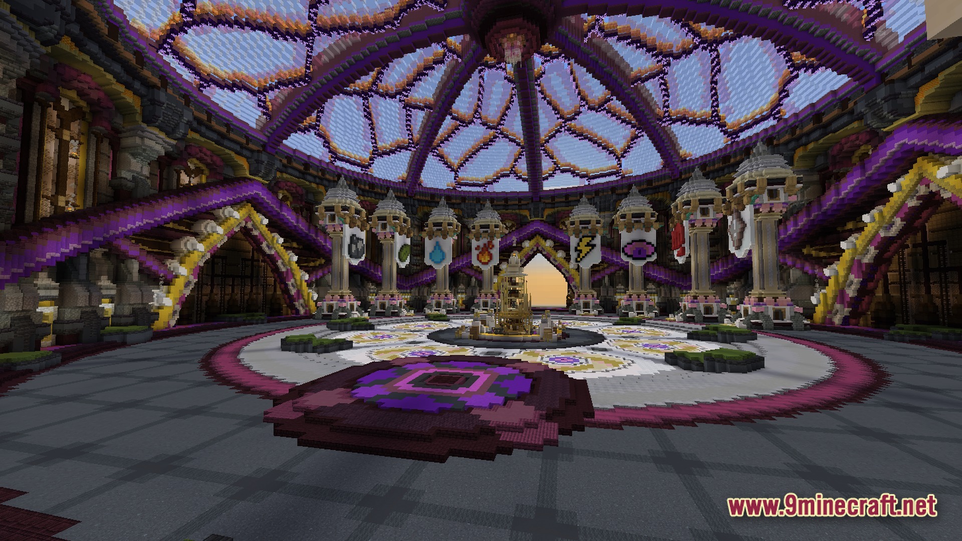 A large circular domed arena featuring banners representing various elemental types under a stained-glass ceiling