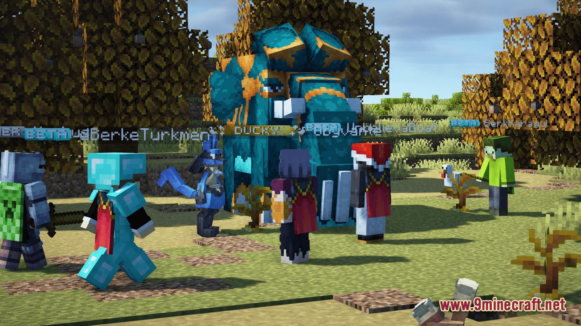 Several minecraft players gather around a large copperajah and a lucario in a grassy biome