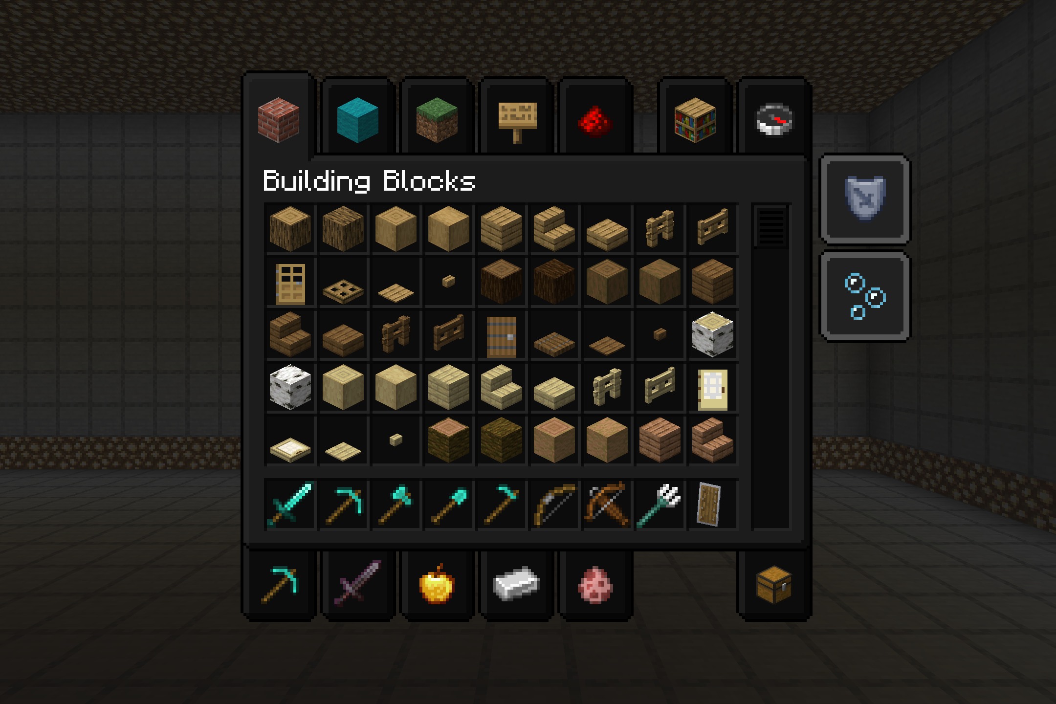 Colourful Containers Oled Gui Resource Pack (26.1.2, 1.20.1) 2 Dark oled gui creative inventory screen showing building blocks and diamond equipment