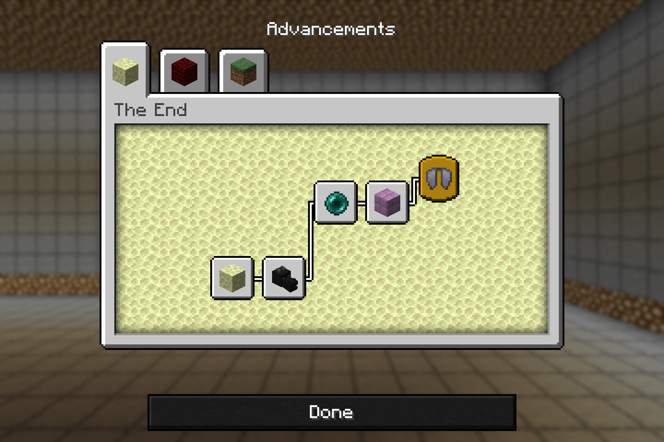 Colourful Containers Oled Gui Resource Pack (26.1.2, 1.20.1) 3 The end advancement menu with a sleek dark theme and progression icons
