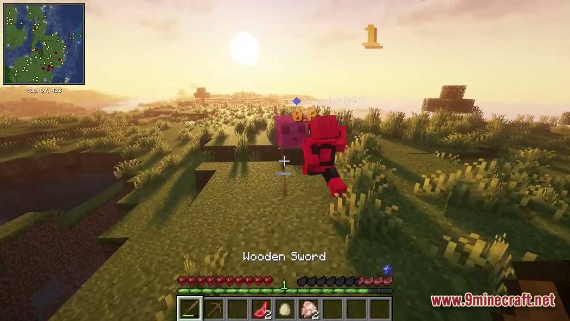 A player attacks a purple slime with a wooden sword in a grassy field at sunset