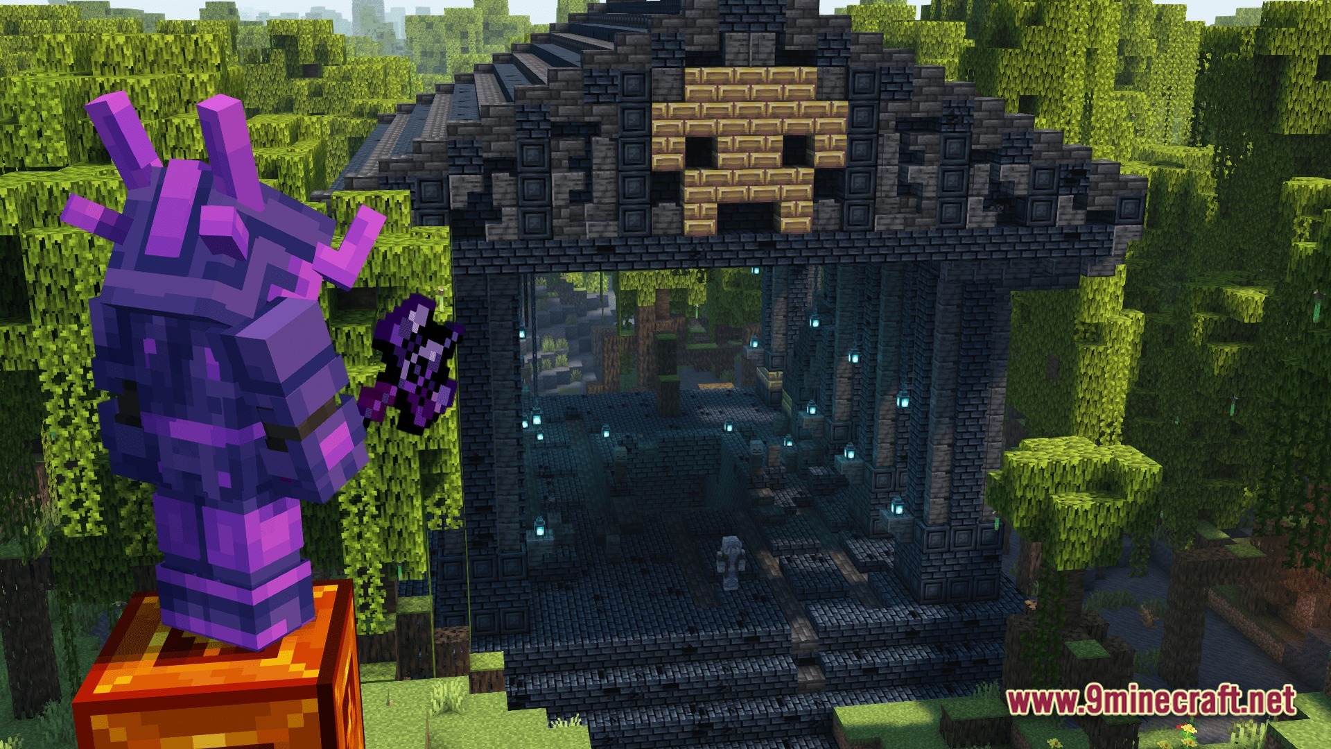 A player in purple armor overlooks a large deepslate temple structure within a jungle biome